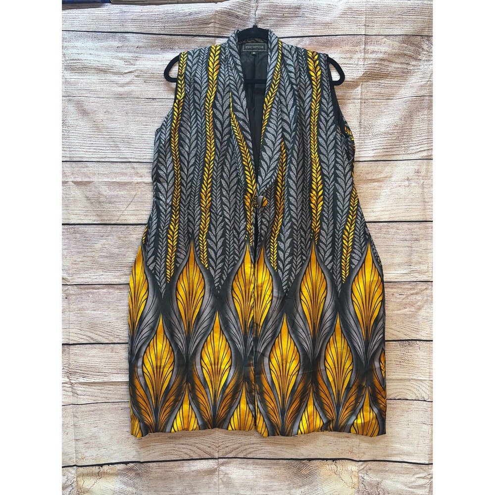 PDC Style Womens Yellow Grey and Black African Print Duster Size 16 Sleeveless